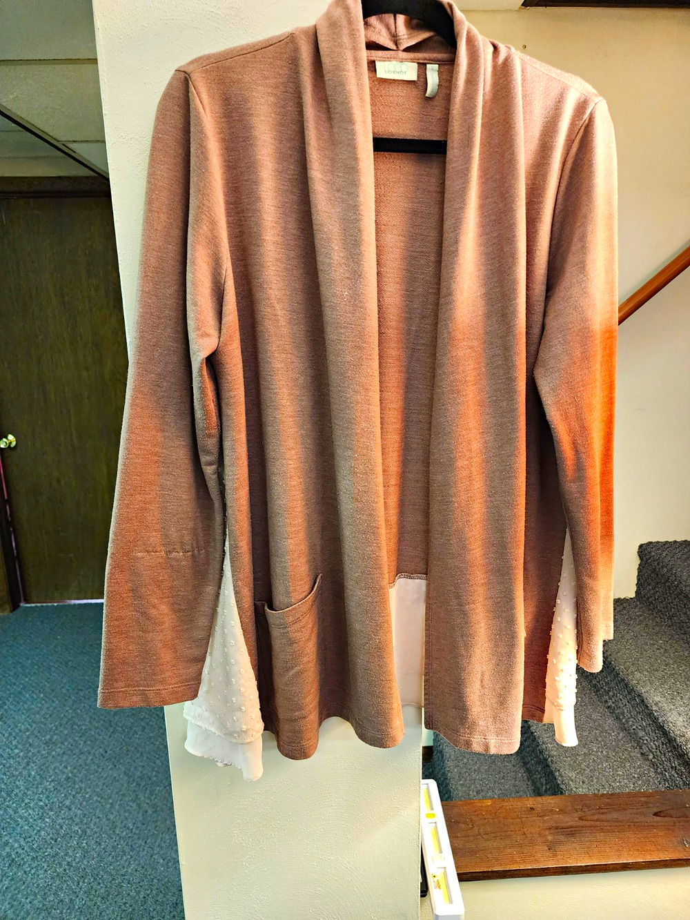 LOGO Lounge Brown White Solid Knit Shawl Collar Open Front Cardigan Sweater S